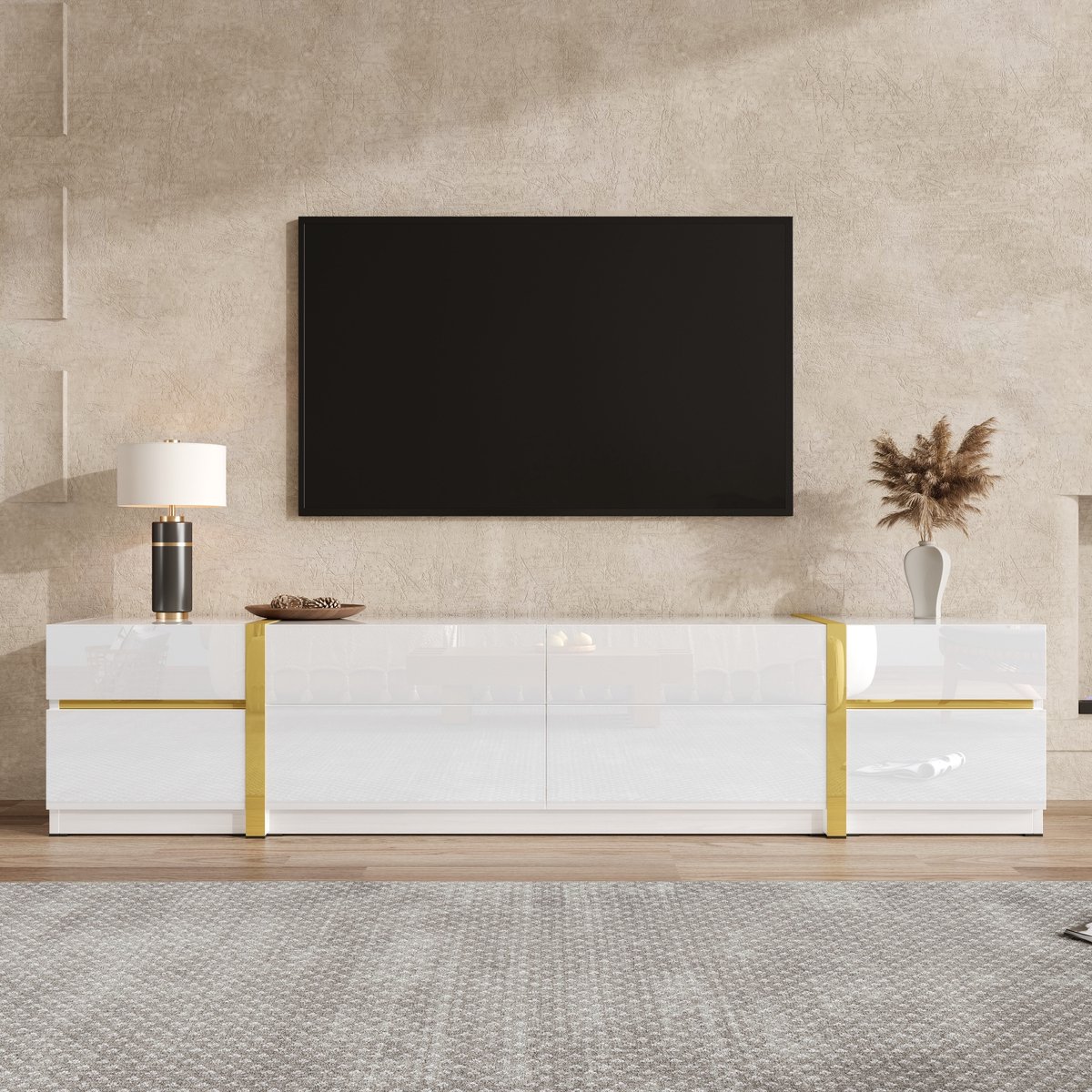 MODFU TV-Meubel - Hoogglans Met 4 Laden En 2 Deuren - Modern - Voor Woonkamer - MDF En Spaanplaat - Wit - 180 x 40 x 38 cm
