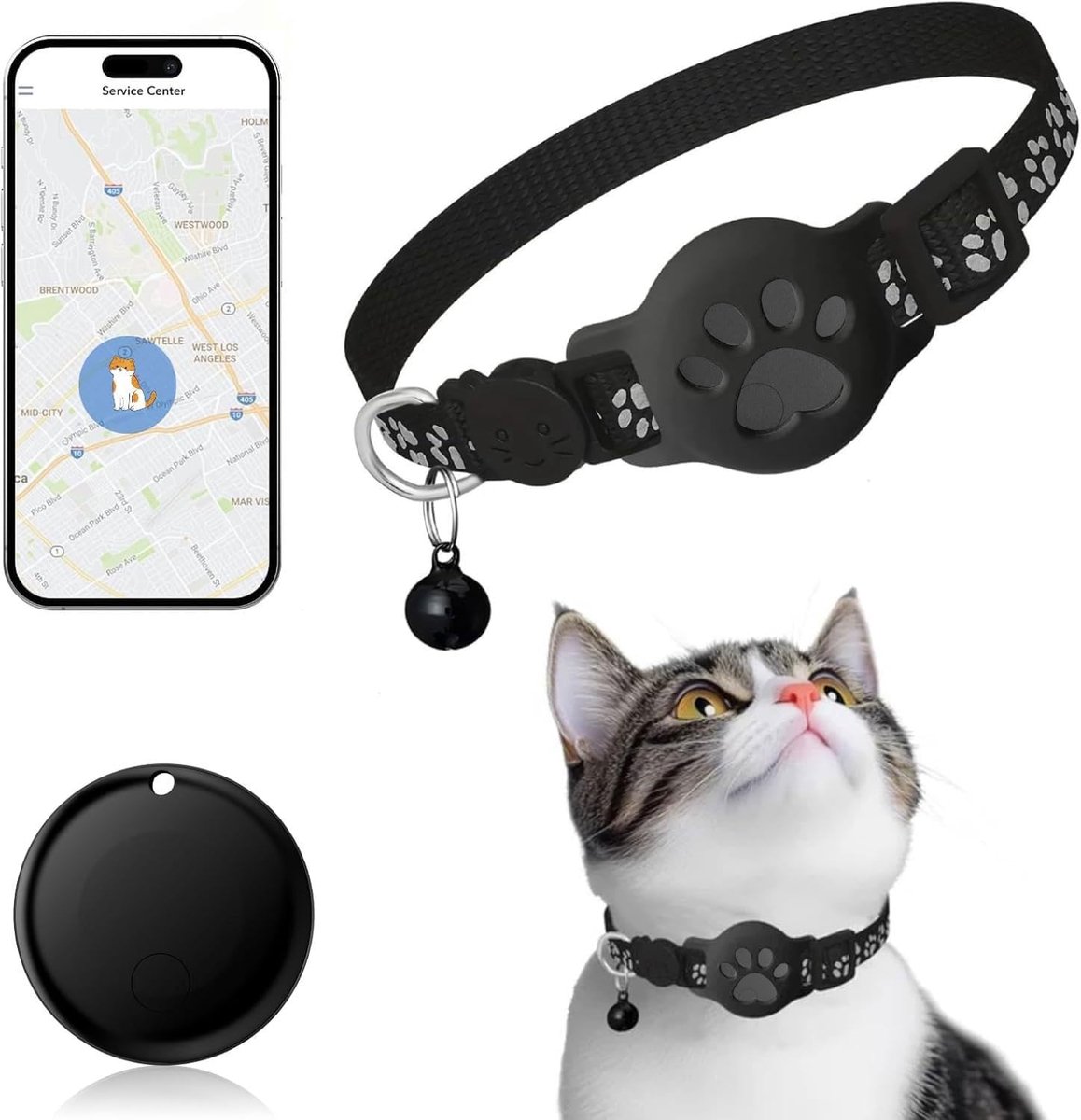 GPS KattenTracker - Huisdiertracker - Real-Time Locatietracking Werkt Met iOS/Android - Waterdicht - Met Reflecterende Halsband En Belletje - Verlies Tracker Voor Huisdieren - Verstelbare Nylon Halsband - Zwart
