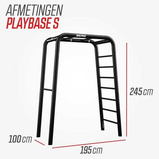 Zwart speeltoestel met afmetingen 100 cm breed, 195 cm lang en 245 cm hoog.