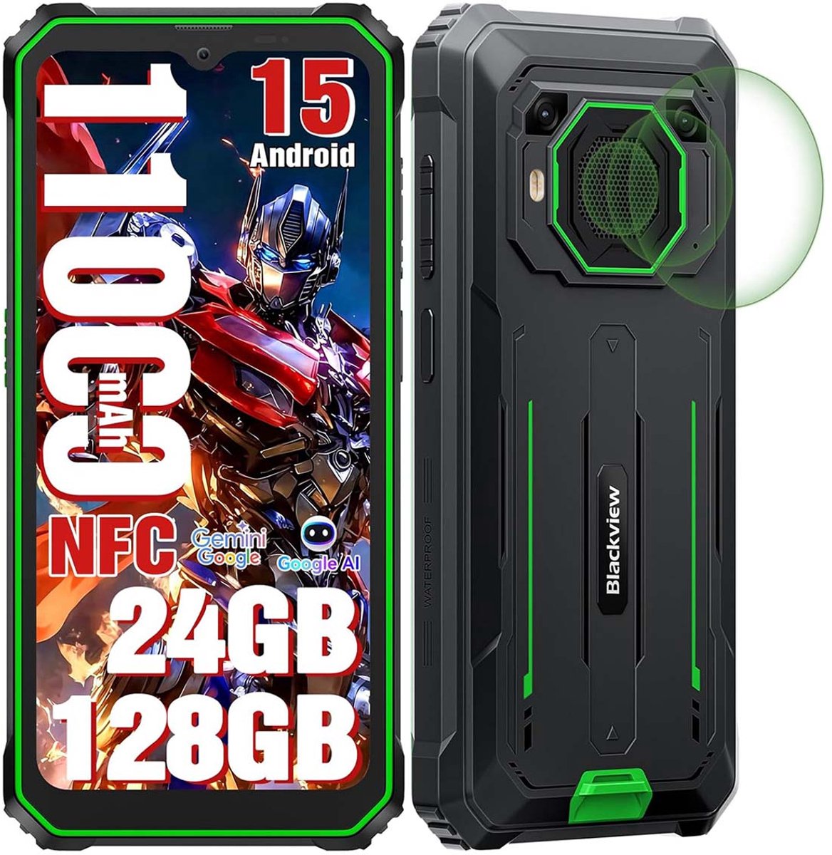 Blackview BV6200 Plus Robuuste Smartphone 4G - 24GB RAM - 128GB - 6,56 inch - 11000mAh - IP68/IP69K Outdoor telefoon - Dual SIM - Android 14 - NFC - GPS - Groen