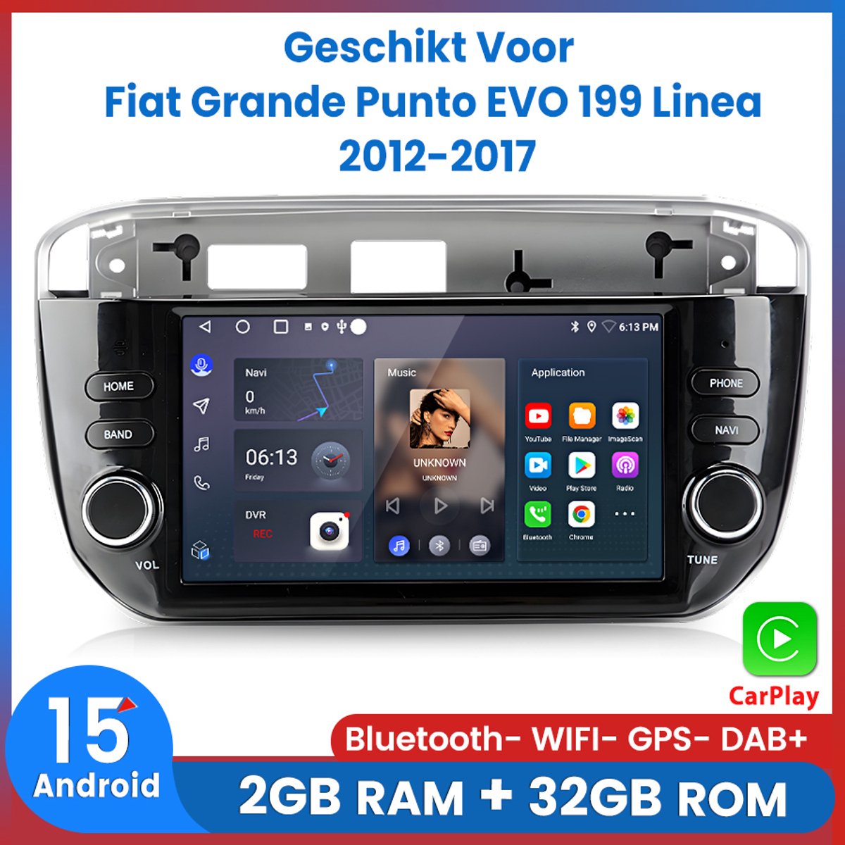 Awesafe Android 15.0 Systeem Autoradio - Geschikt voor Fiat Grande Punto EVO 199 Linea 2012 t/m 2017 - 7 inch IPS Scherm - Draadloos Apple CarPlay & Android Auto - Ram 2GB + Rom 32GB - GPS Navigatie Bluetooth WIFI - Radio Scherm - 2013 2014 2015 2016