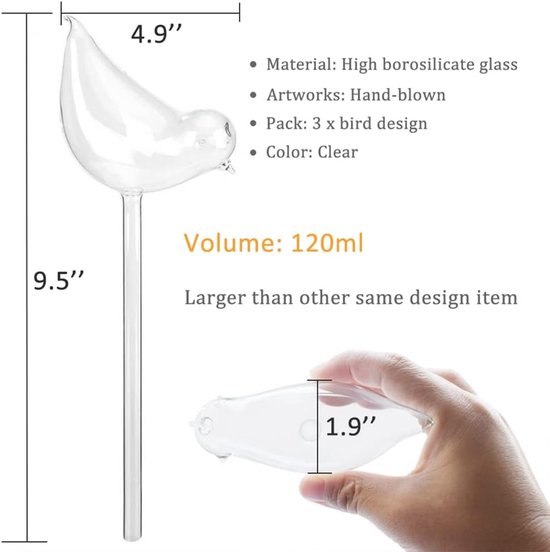 Glass Watering Globe Zelfbewaterende spikes - verpakking van 3 plantenbewateringslampen - vogelvorm zelfbewatering voor binnen- en buitenplanten van Relaxdays — afbeelding 2
