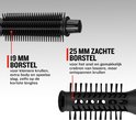Twee ronde borstels, zwart. Een met fijne pinnen (19mm) en een met bredere pinnen (25mm).