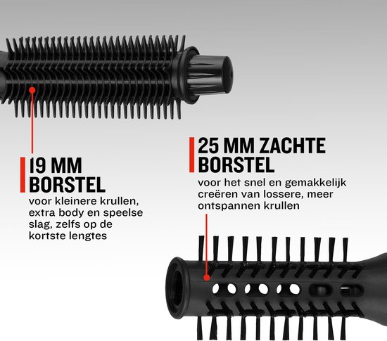 Twee ronde borstels, zwart. Een met fijne pinnen (19mm) en een met bredere pinnen (25mm).