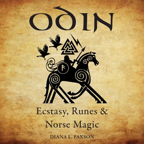 Omslag van het boek "Odin: Ecstasy, Runes & Norse Magic" met een silhouette van Odin op zijn paard Sleipnir, twee raven en Keltische knopen. De titel "Odin" staat bovenaan, met de ondertitel eronder.