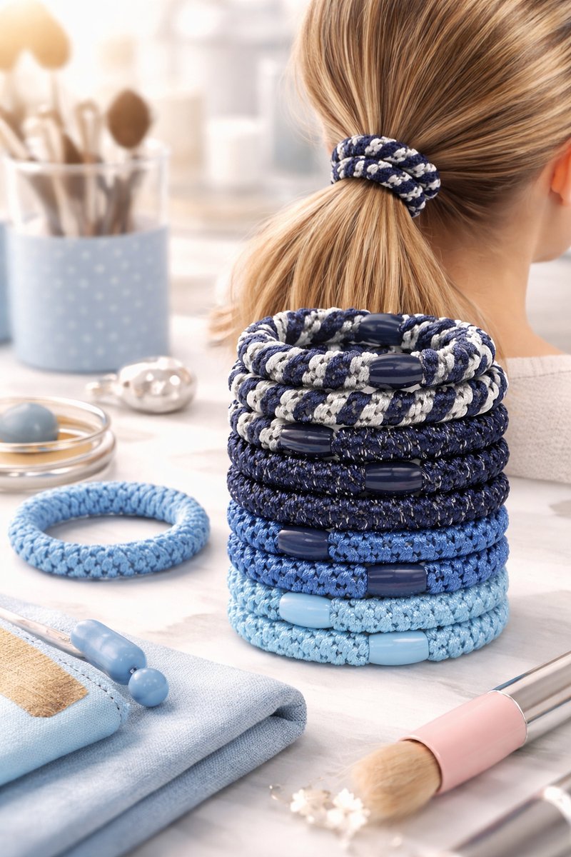 15 x Knekkie Haarelastiekjes met Kraaltje – Gevlochten Elastiek & Armband - Blauwe Stijl — cadeau in Mode & Accessoires - foto 2