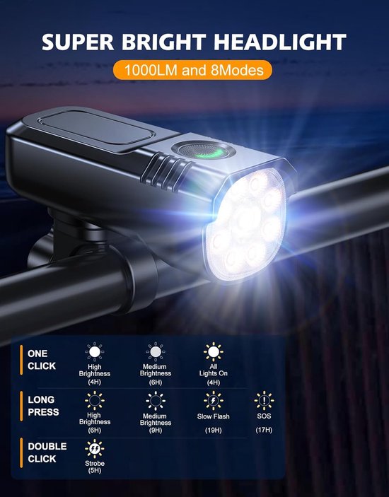 Fietsverlichting - Koplamp voor racefiets - Veiligheidsachterlicht - Set voor en achter - Duurzame aluminiumlegering - 7 standen - USB-oplaadbaar - IP65 waterdicht - Zwart — afbeelding 3