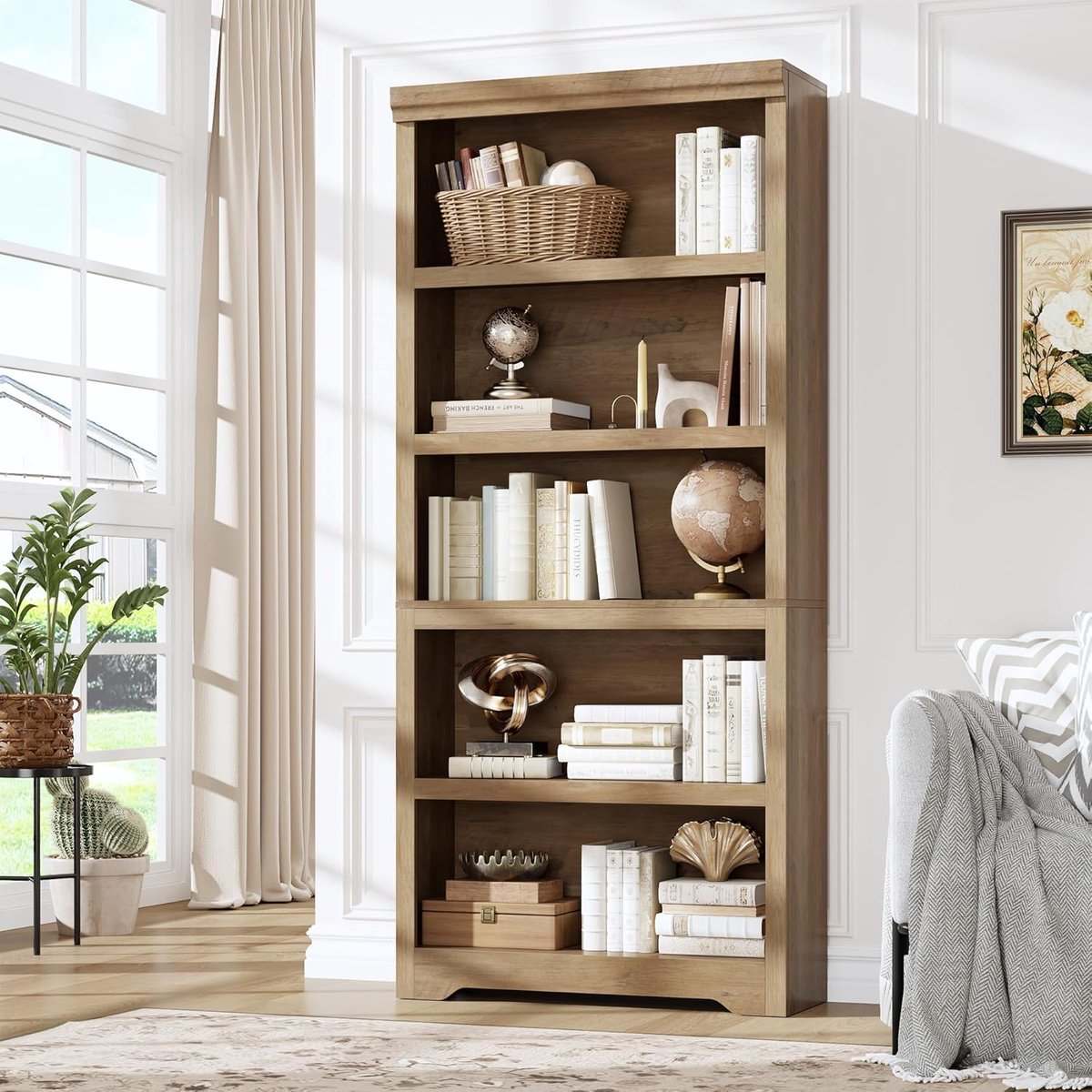 Boekenkast - Boekenkast met 5 planken - Boekenkast in landhuisstijl van 175 cm hoog - met verstelbare planken, open opbergrek met antislipontwerp - 175 × 80 × 30 cm