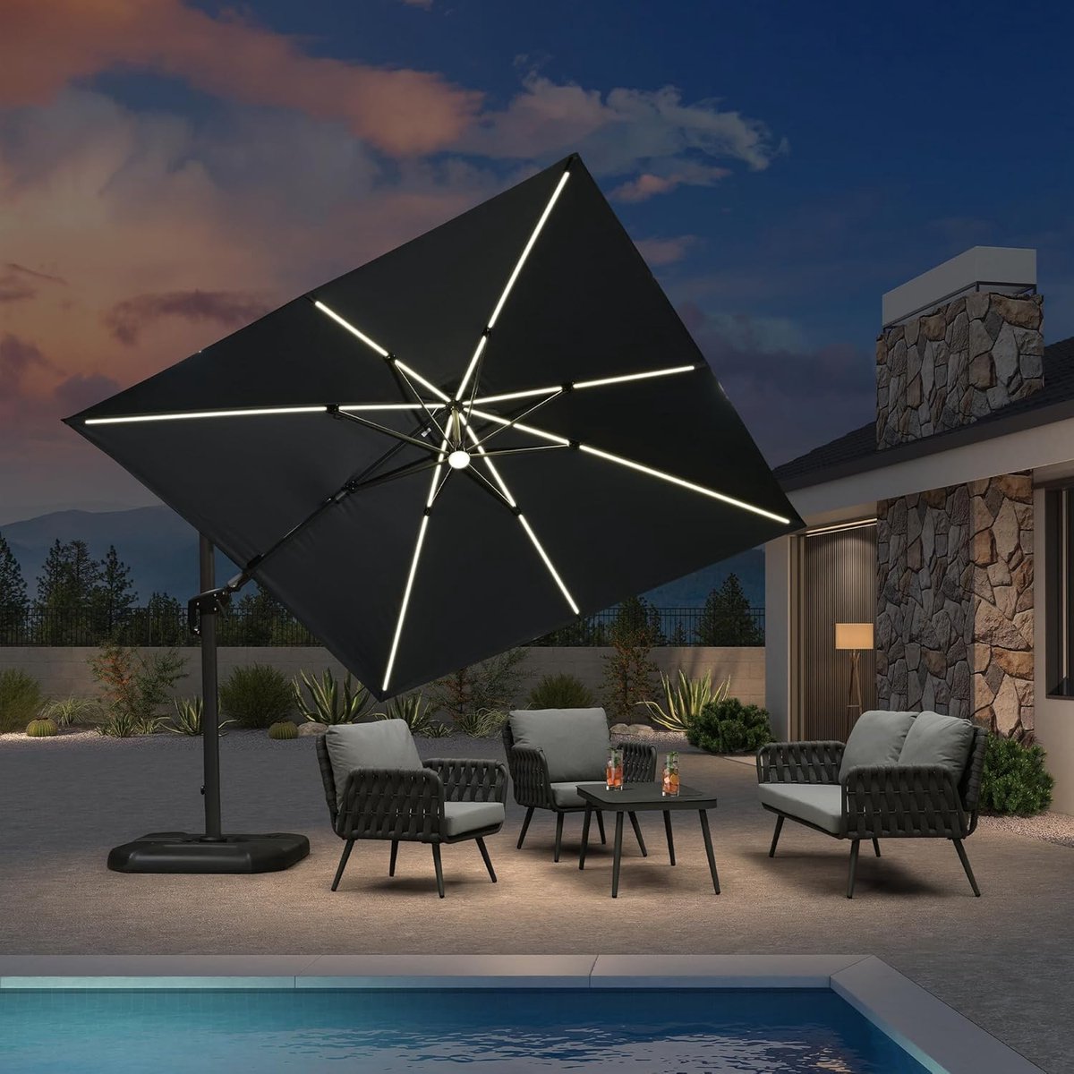 Zweefparasol 300x300 cm met LED verlichting, 360° draaibaar, kantelbaar, aluminium frame, waterbestendig UV-bescherming, tuinparasol vierkant grijs – NoviHome