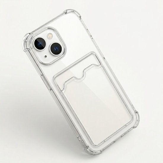 Transparant iPhone hoesje met een uitsparing voor een kaarthouder, op een witte achtergrond.
