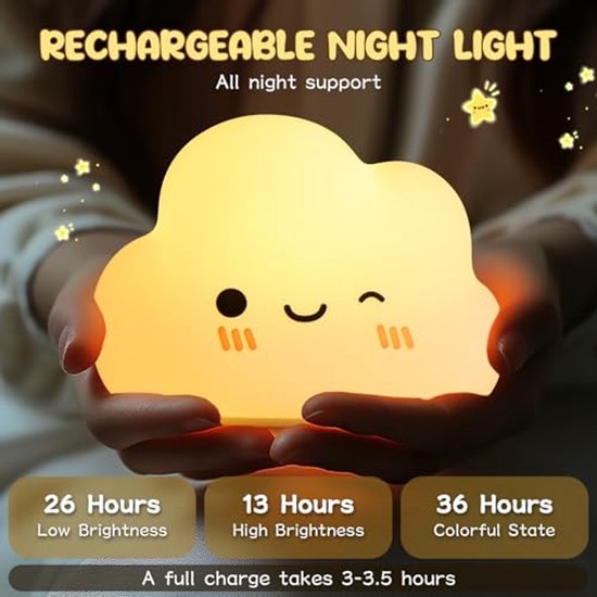 Nachtlampje voor kinderen en baby's - 7 kleuren, 5 helderheidsniveaus (voedingslampje) - Dimbaar, schattig siliconen nachtlampje voor de babykamer - Touchbediening - Draagbaar & oplaadbaar van Merkloos — afbeelding 4