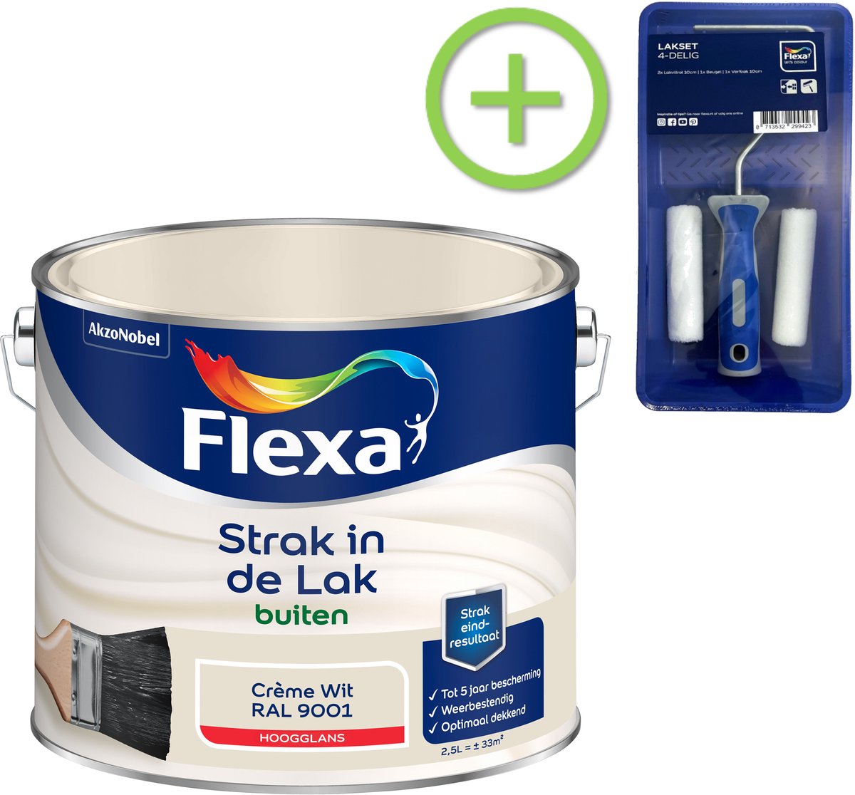 Voordeelpakket Flexa Strak In De Lak Hoogglans - Buitenverf - Creme Wit - 2,5 Liter + Lakroller - 4 Delig