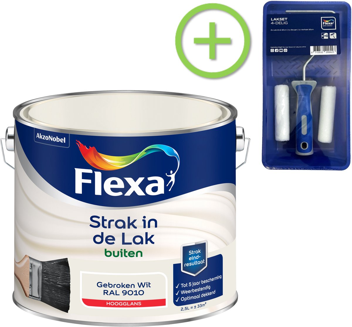 Voordeelpakket Flexa Strak In De Lak Hoogglans - Buitenverf - Gebroken Wit - 2,5 Liter + Lakroller - 4 Delig
