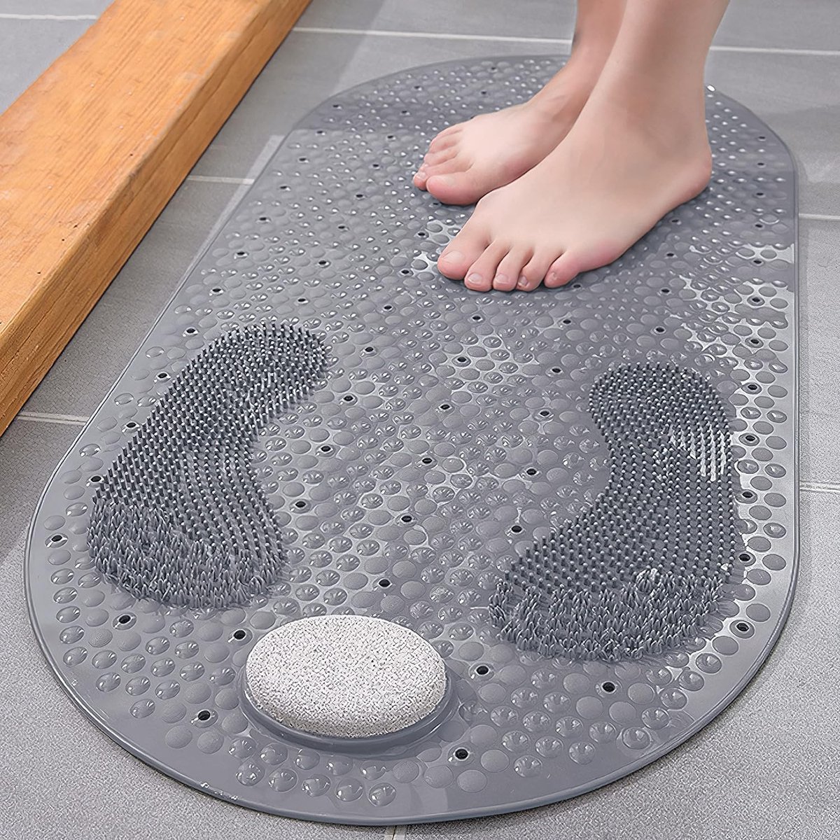 Douche voetscrubber - Badkamer mat - Voeten reinigen - Ingebouwde puimsteen - 81 x 41 cm - Grijs