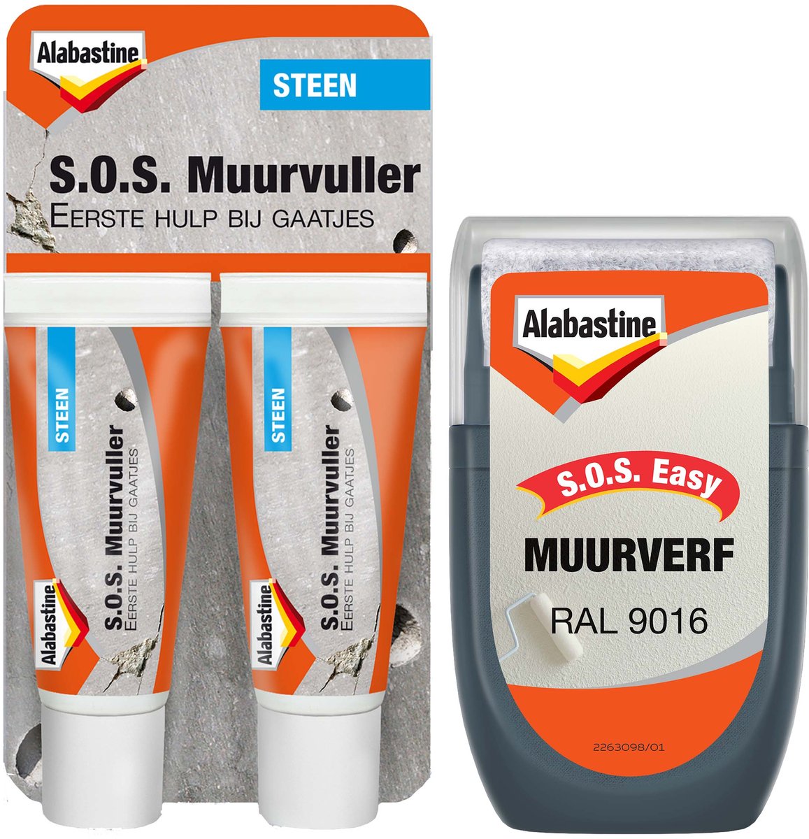 Alabastine S.O.S. Muurherstel Bundel - S.O.S. Muurvuller 2 X 20 Ml + S.O.S. Muurverf Aanstipper - Ral 9016 - 30 Ml