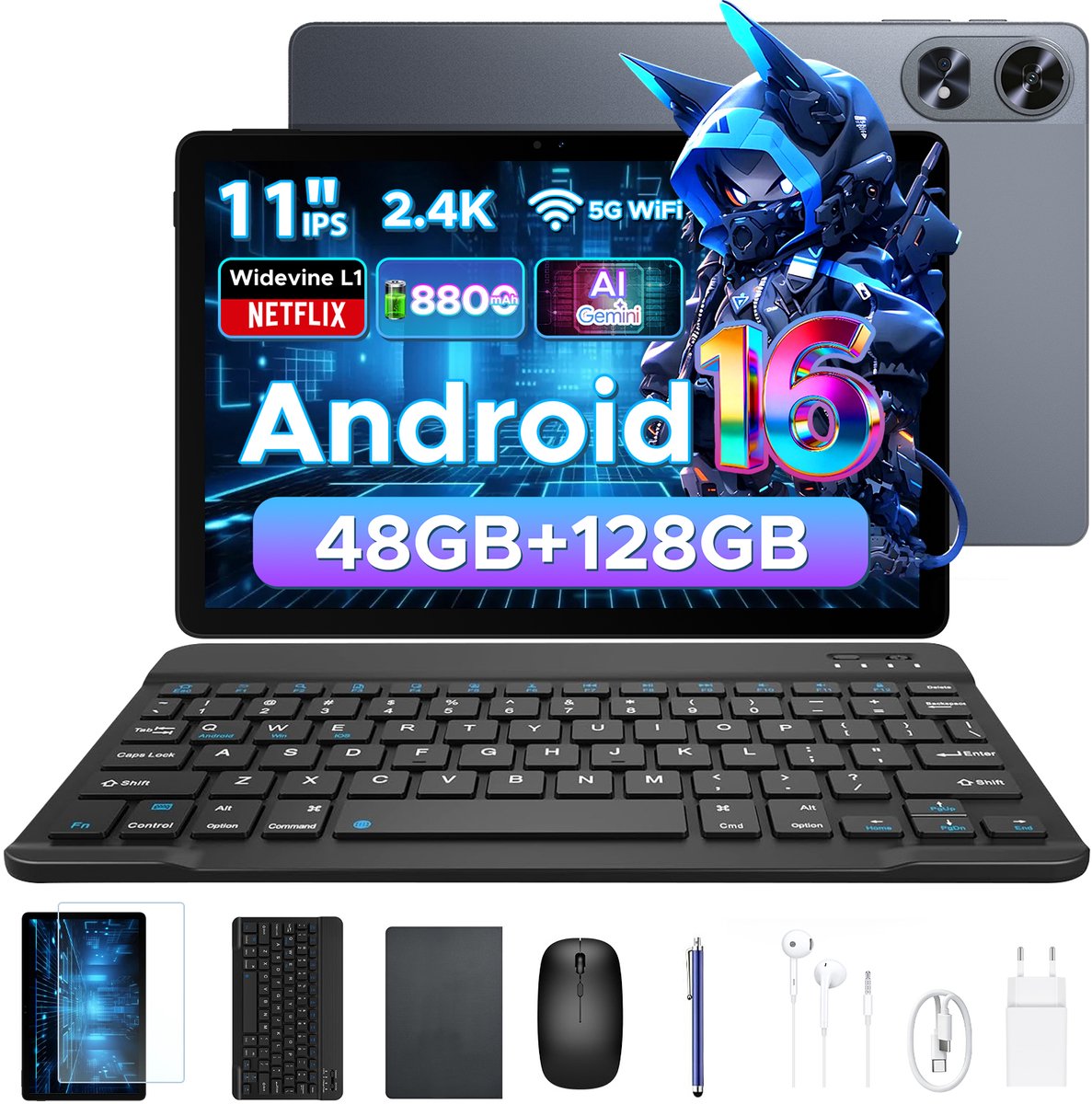 Aorlym P11 Pro - Tablet - 48 GB RAM (8+40 GB) + 128 GB ROM (2 TB/TF) - 11 inch FHD+ 90 Hz - Android 16 - 8800 mAh/18 W - T7250 - Dubbele luidsprekers - Gemini AI - Face ID - Widevine L1 - Complete accessoirebundel met toetsenbord en stylus