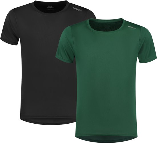 Een zwart en een donkergroen sportshirt van Rogelli, beide met korte mouwen en opdruk op de schouder.