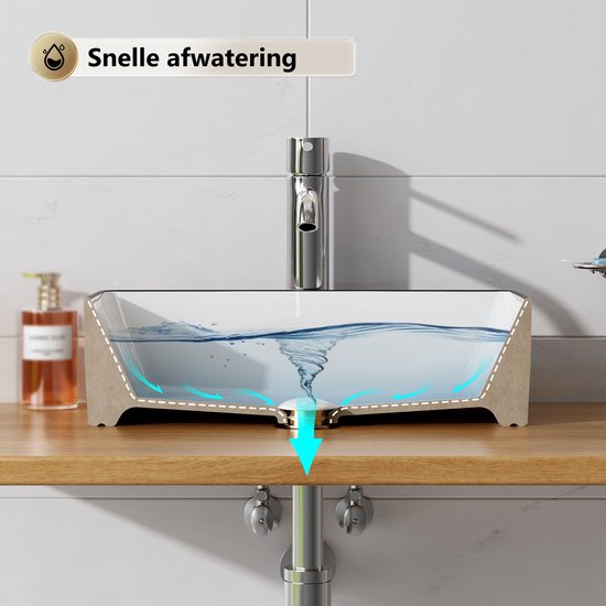Doorsnede van een witte wastafel met zwarte rand, die de snelle afwatering demonstreert.