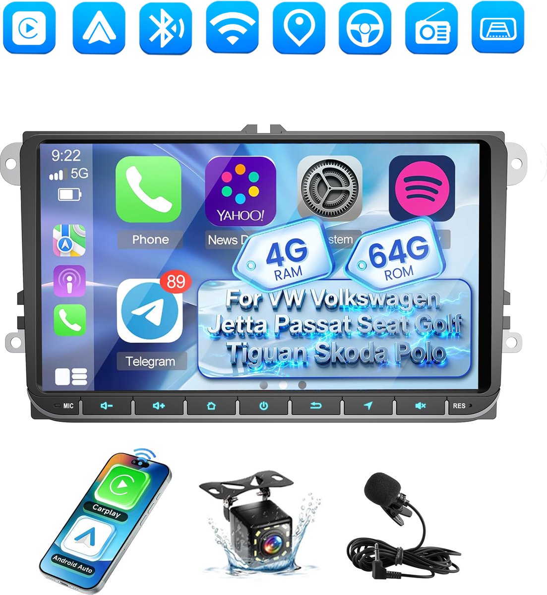 ESSGOO Carplay Autoradio voor Volkswagen Polo T5 Passat Tiguan Touran Golf 5 6 - 9 INCH - Draadloos Apple Carplay en Android Auto - 4GB + 64GB - GPS, Bluetooth & Wifi - Achteruitrijcamera - Microfoon