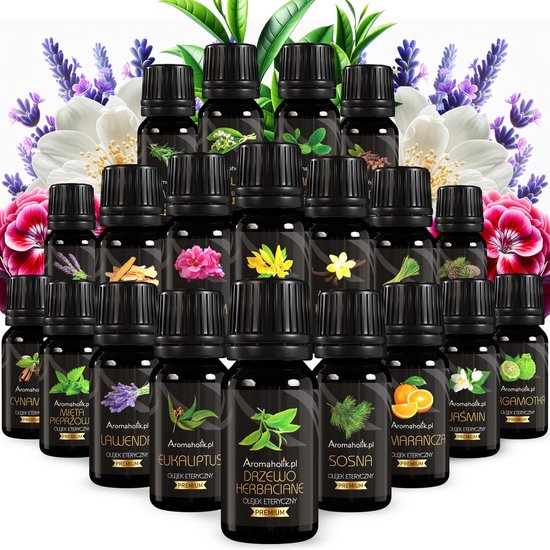 Een verzameling van 24 etherische oliën, omringd door bloemen zoals rozen en lavendel.