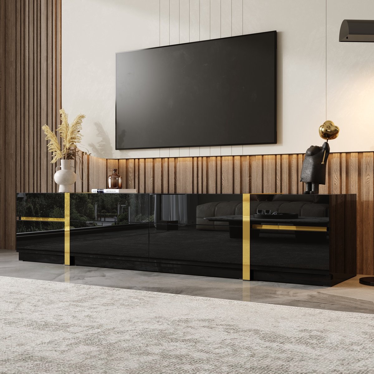Sweiko TV-meubel - Hoogglans - Gouden randen - 4 lades - Zwart