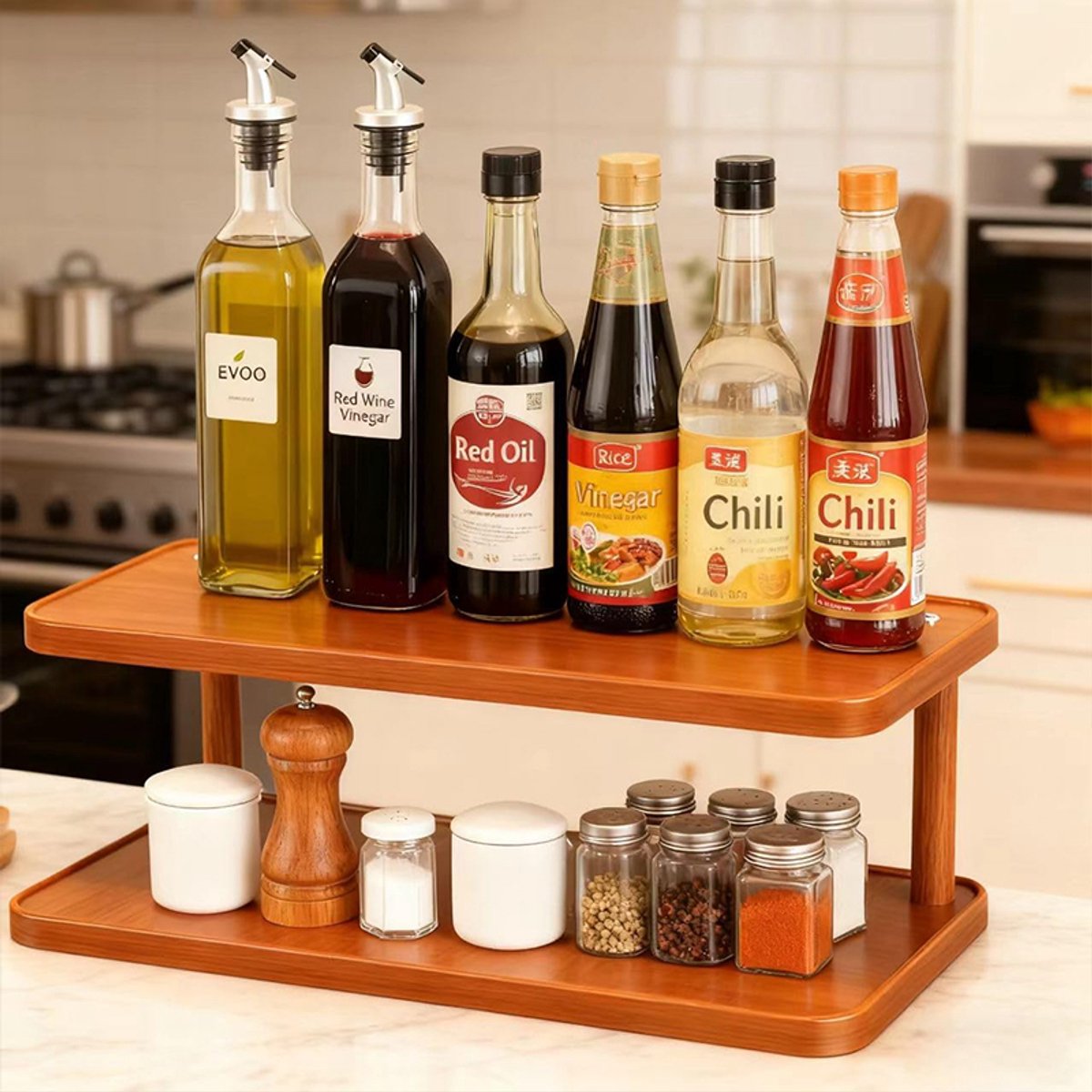 Displayrek voor op het aanrecht - Dubbellaagse bureau-organizer - plank - bekerhouder voor op het bureau - opbergrek voor op de eettafel - 30x14x14.5cm - bruin - geschikt voor kantoren, studentenkamers, keukens en badkamers — cadeau in Cadeau-ideeën - foto 3