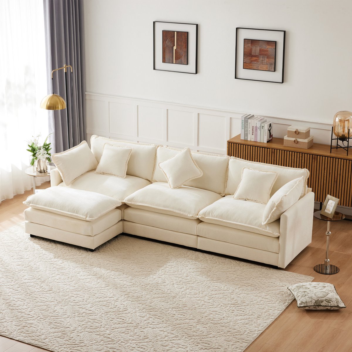 MODFU - Hoekbank - Verplaatsbare Voetenbank - Chenille - Beige - 283 x 147 x 84 cm