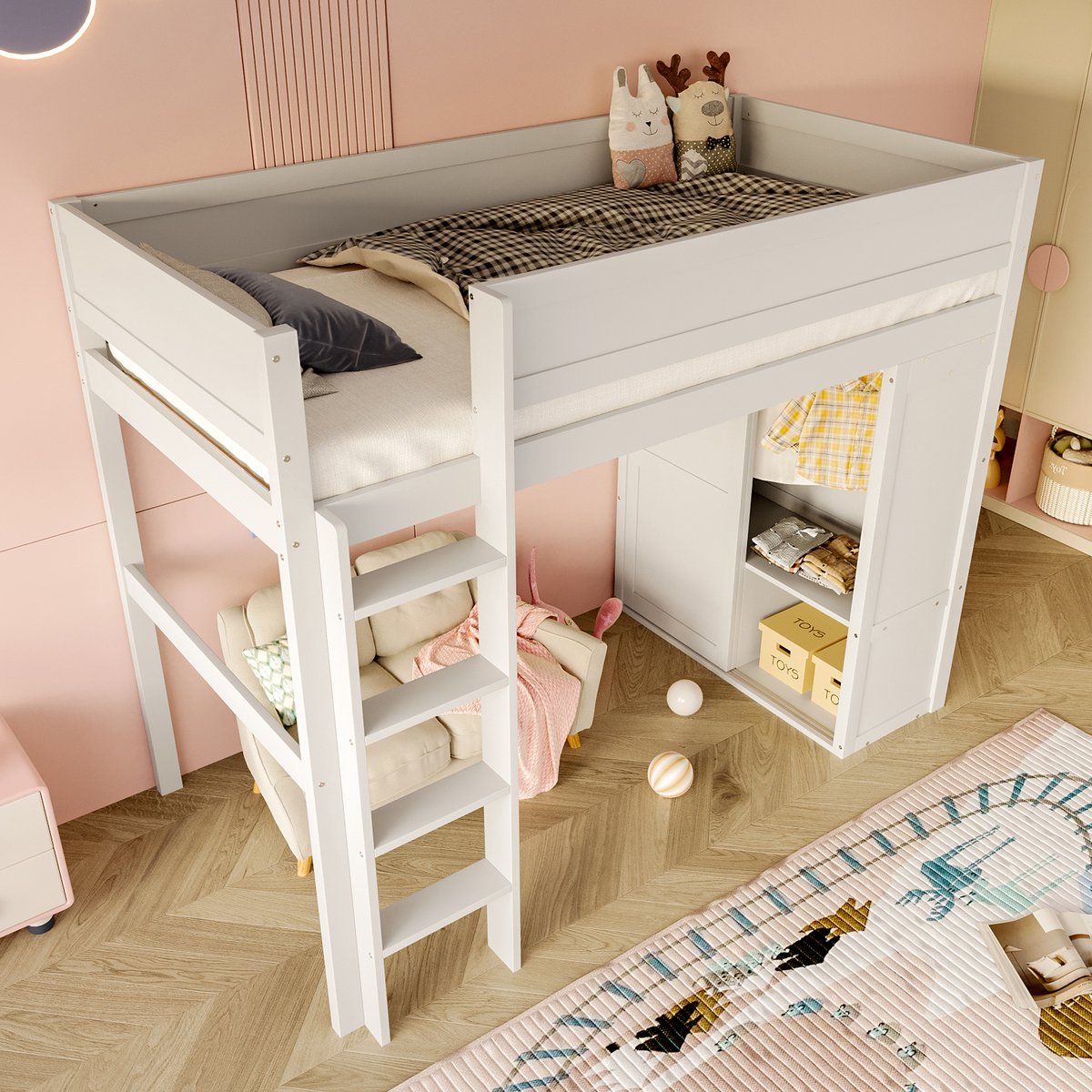 MODENUIT Hoogslaper 90x200 cm – Zonder matras – Met kledingkast en opbergvak – Open onderruimte – Grenenhout en MDF – Wit