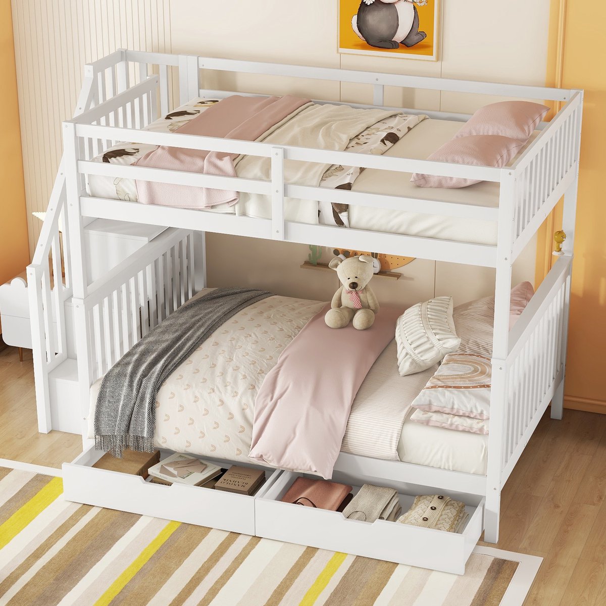 MODENUIT Stapelbed 140x200 cm – Trap met opbergvakken – 2 lades en hoge uitvalbeveiliging – Zonder matras – Grenen en MDF – Wit