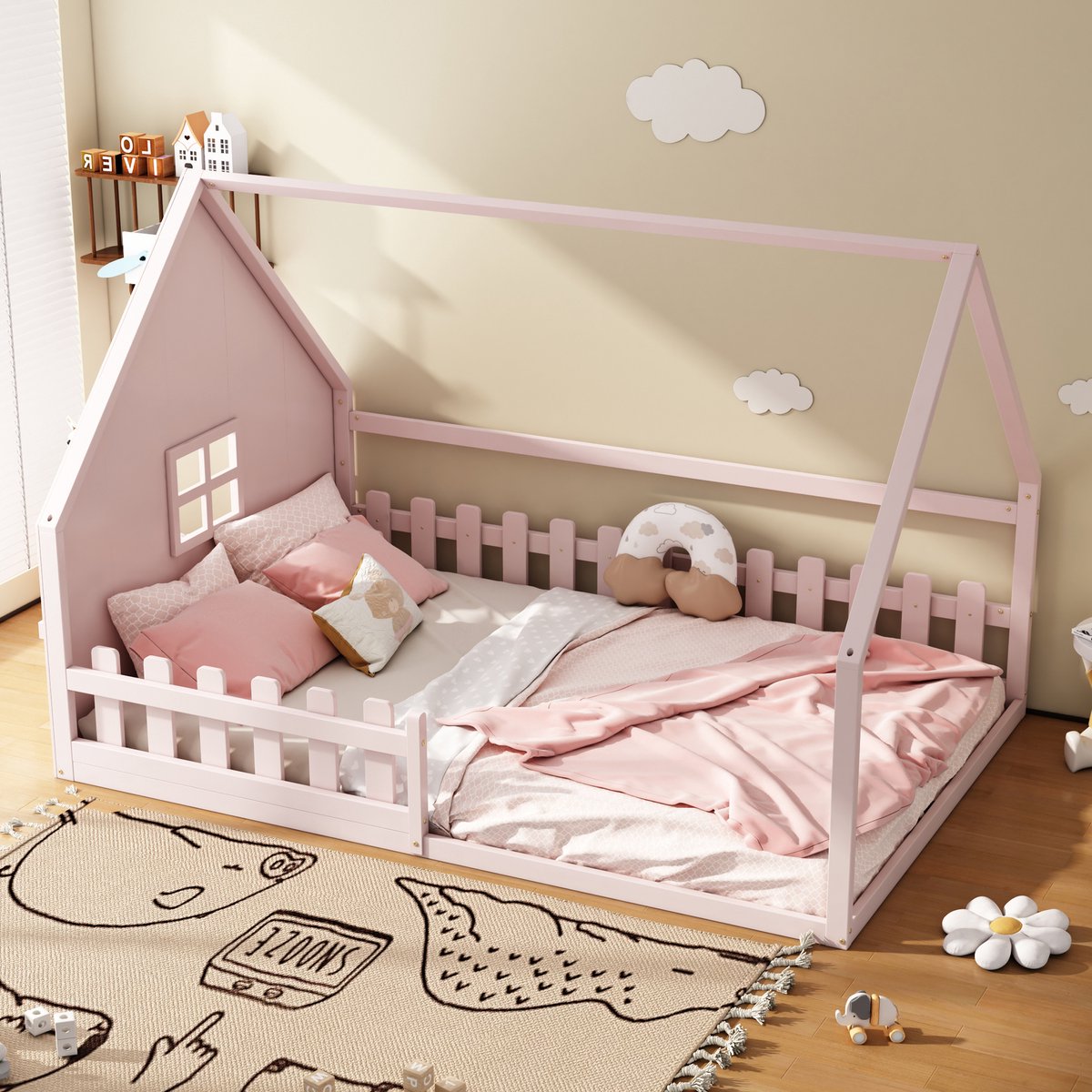MODENUIT Kinderbed 140x200 cm – Huisbed met veiligheidshek – Zonder matras – Massief Grenenhout en MDF – Roze