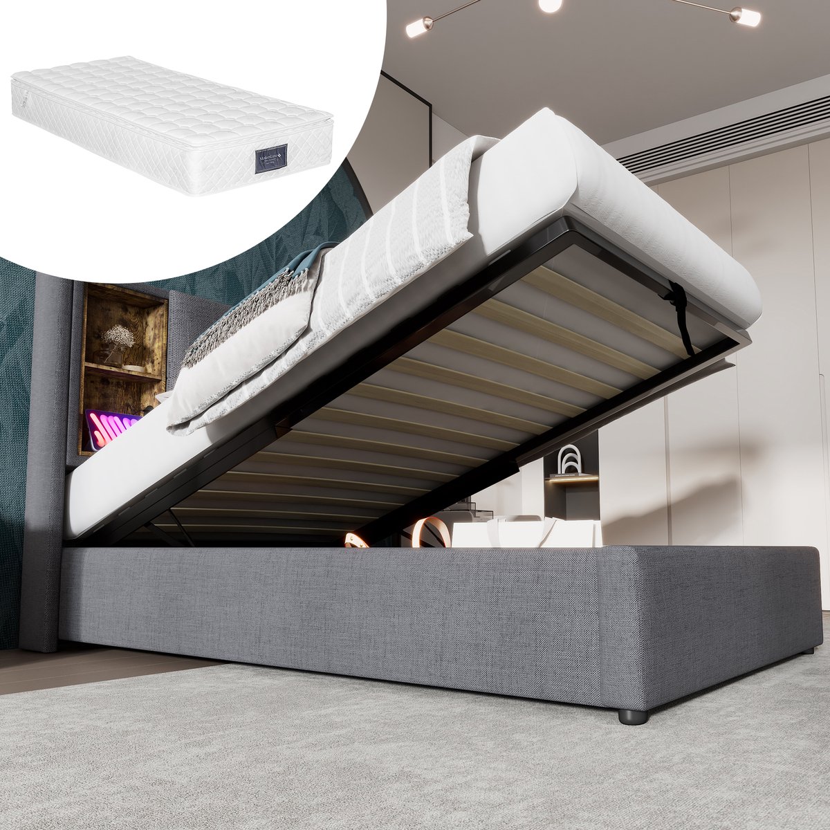 MODENUIT Gestoffeerd bed 90x200 cm – Hoofdbord met draadloos laden, USB en USB-C – Opbergruimte – Met matras – Grijs