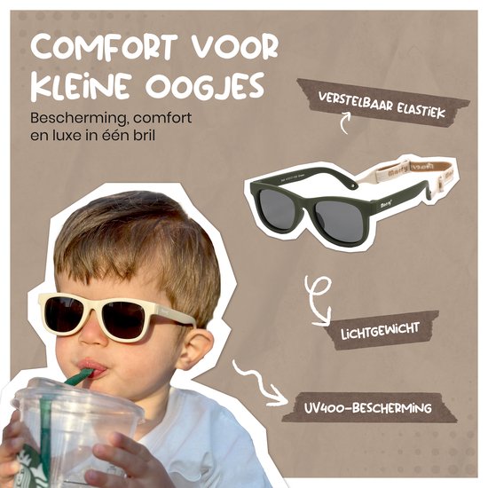 Kinderzonnebrillen met verstelbaar elastiek, lichtgewicht en UV400 bescherming. Beige en olijfgroene zonnebril.