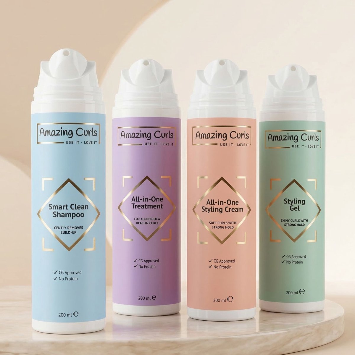 Amazing Curls Moisture Set 4-delig – CG Methode / Curly Girl Routine – Shampoo + Treatment + Styling Cream + Gel – Proteïnevrij – Anti Pluis – 4x200 ml