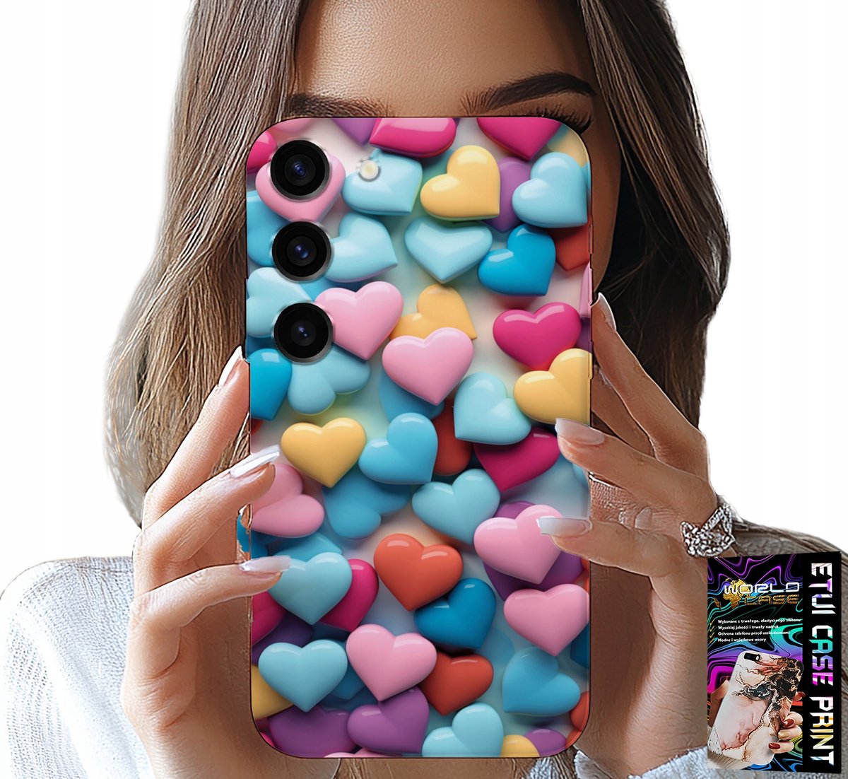 HOESJE VOOR SAMSUNG GALAXY S23 - KLEURRIJKE HARTJES, MOGELIJKHEID TOT PERSONALISATIE