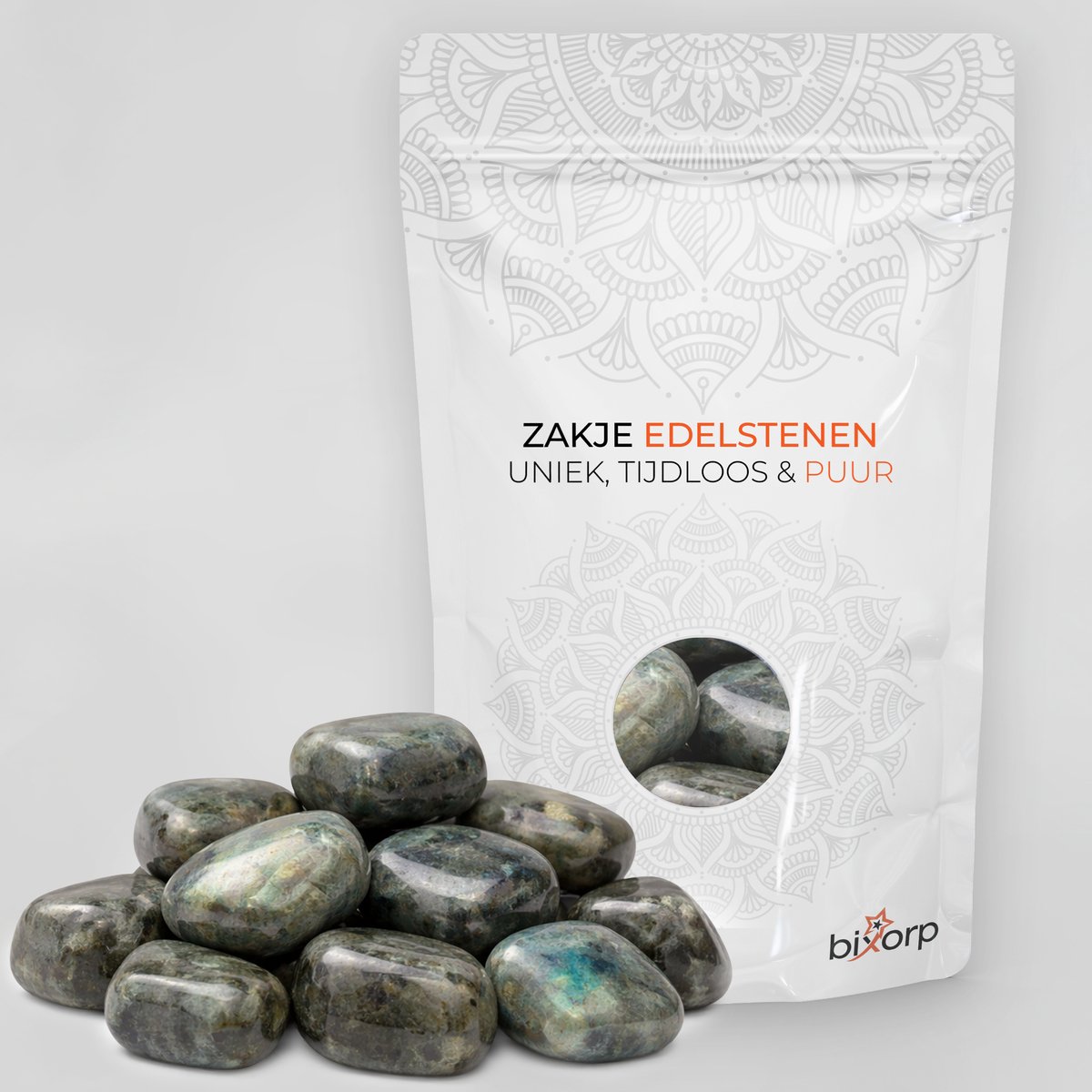 Bixorp Zak met Trommelstenen Labradoriet - 200g - 100% Natuurlijke Labradoriet Trommelsteen uit 000 - Edelsteen Knuffelsteen
