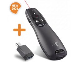 Draadloze Presenter - Presentatie klikker - Wireless Presenter - Powerpoint afstandsbediening - Laser Pointer - Inclusief USB-C Adapter & Opberghoes - Draadloos - USB - Grijs