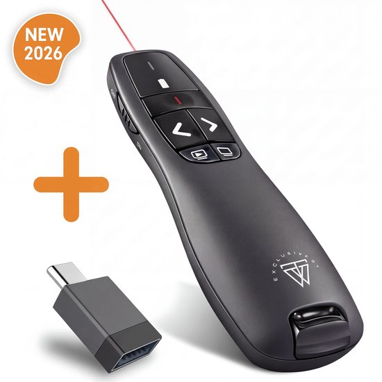 Draadloze Presenter - Presentatie klikker - Wireless Presenter - Powerpoint afstandsbediening - Laser Pointer - Inclusief USB-C Adapter & Opberghoes - Draadloos - USB - Grijs