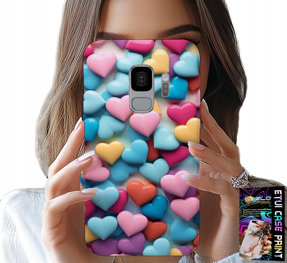 HOESJE VOOR SAMSUNG GALAXY S9 - KLEURRIJKE HARTJES, MOGELIJKHEID TOT PERSONALISATIE