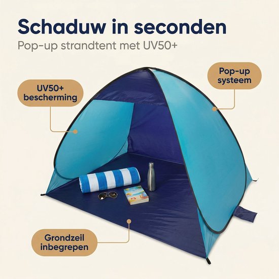 Lomera Strandtent Pop-Up UV50+ Bescherming - Opvouwbaar - Windscherm - Zonnetent - Zonnescherm voor Strand en Tuin - Met Grondzeil - Camping - Vakantie - Gezin - Zomer - Festival - Outdoor - Strandscherm - Zonwering - Buitenleven — afbeelding 2