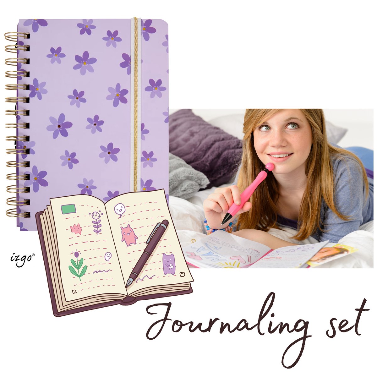 IZGO Journaling set - Dagboek - Notitieboek - Notebook A5 - Pip - Stickers - Bullet Journal - Purple flowers