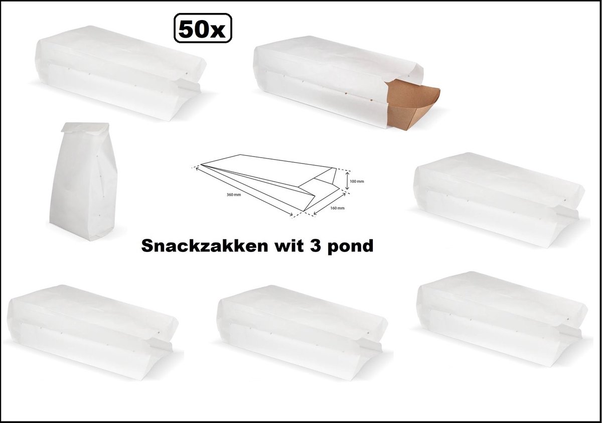 50x Snackzak wit 3 pond geperforeerd - nr 29 - grote maat - Patat snacks belegde broodjes food friet