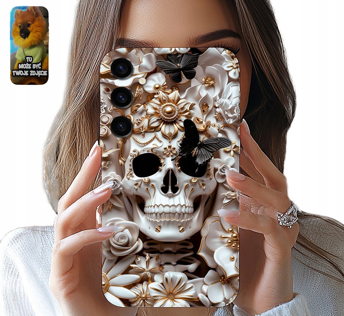 Hoesje voor Samsung Galaxy S24 Fe, elegant damespatroon, doodskop en vlinder.