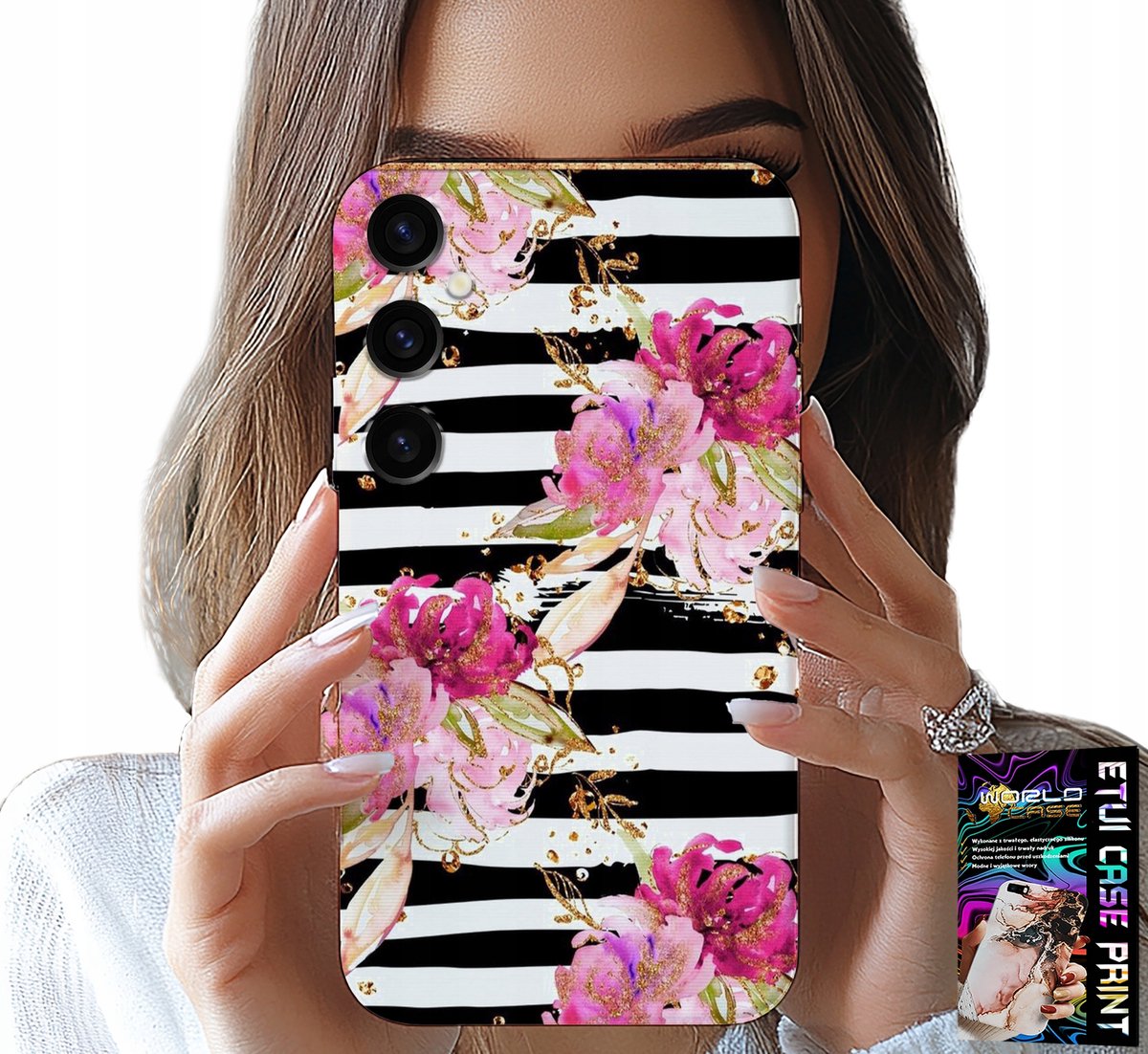 HOESJE VOOR SAMSUNG GALAXY S25 - BLOEMENPATROON ZWART-WIT GESTREEPT