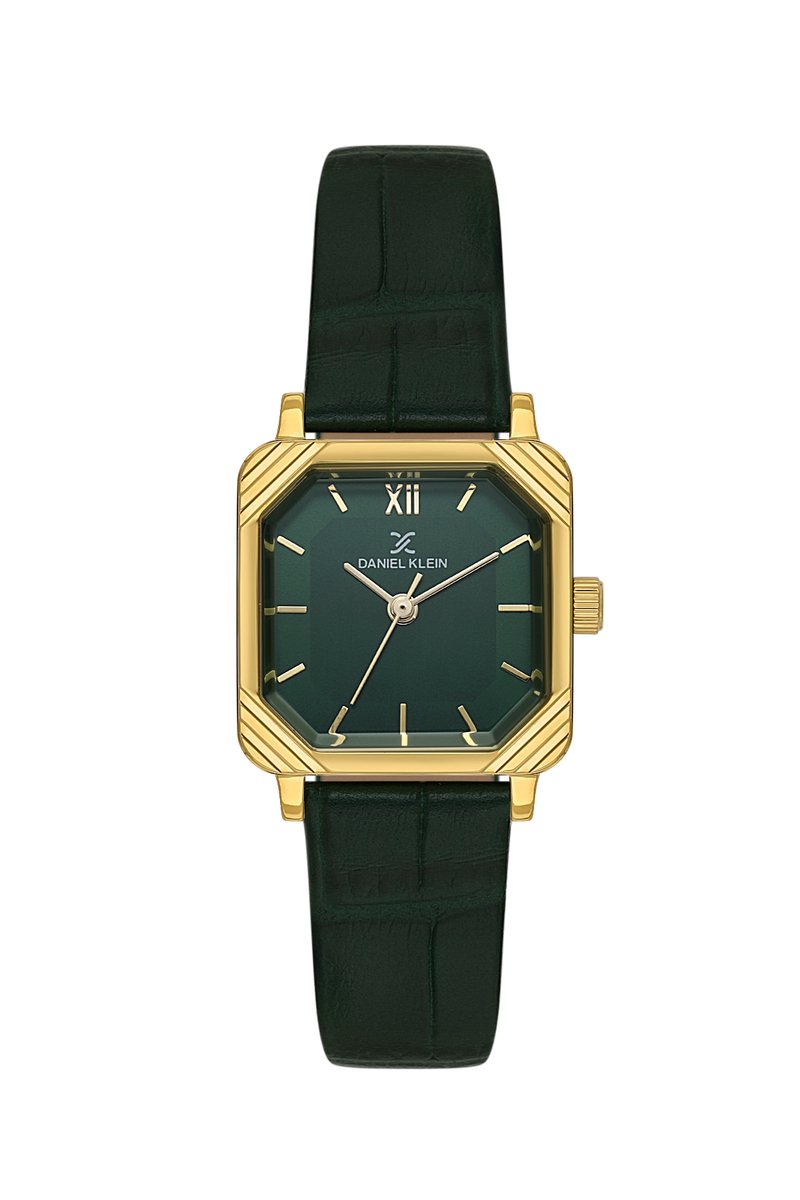 Daniel Klein DK.1.14154-4 - Horloge - Polshorloge - Analoog - Dames - Vrouwen - Leren band - Metaal - Agerond vierkant - Romeinse cijfers - Strepen - Donkergroen - Goudkleurig - Wit
