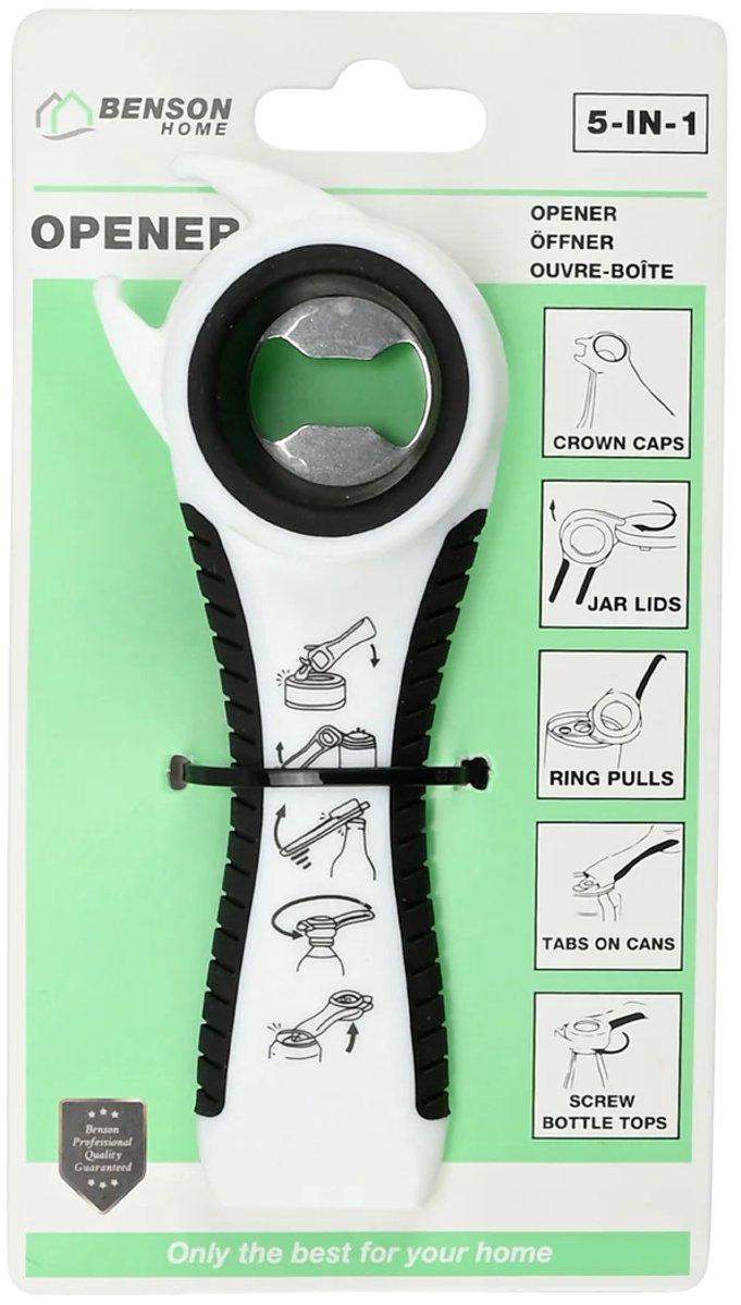 Multifunctionele Opener 5-in-1 – Potopener & Flesopener – Antislip – RVS – Zwart