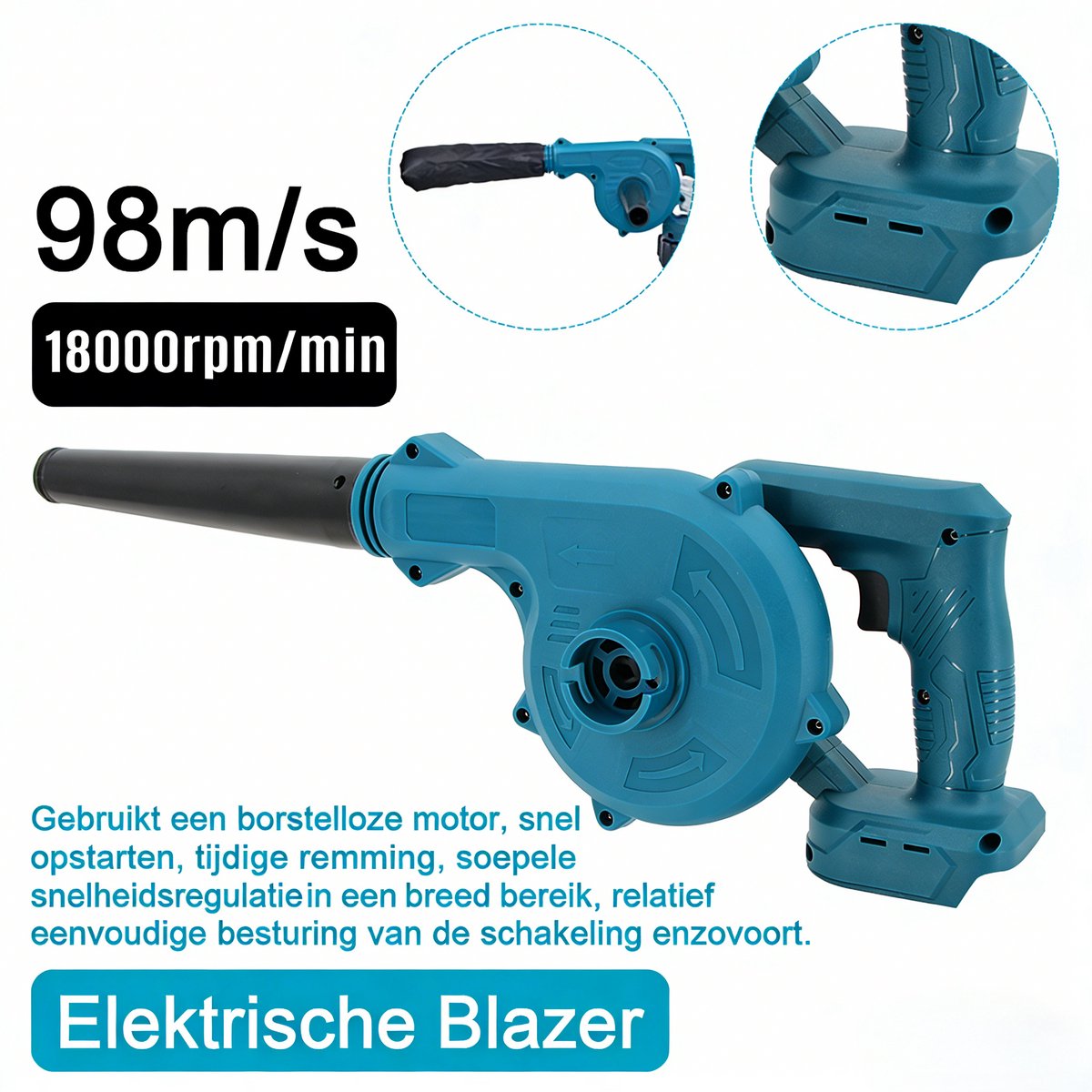 Accu Bladblazer - blazer - 980m/s - Basic Body - Zonder Batterij - Met Blaaspijp en Stofzak - Compatibel Makita Batterij – foto 3