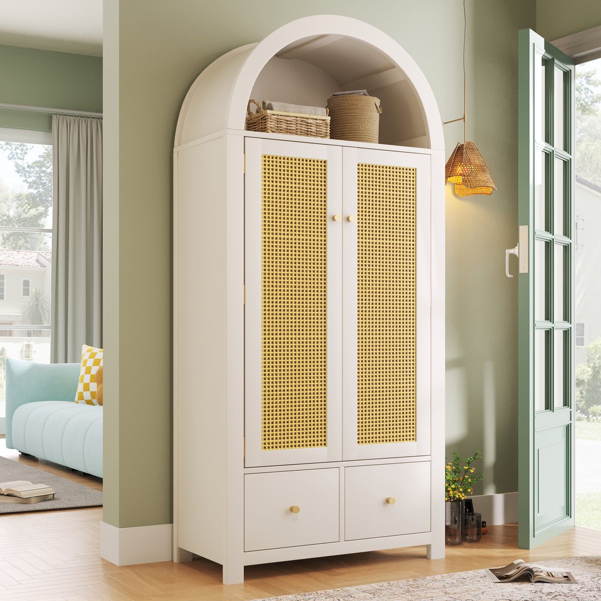 Wishdor - Kledingkast - Met Rattan Details En 2 Lades - Landelijke Stijl - Voor Slaapkamer - Hout - Wit - 181 X 78 X 45 Cm
