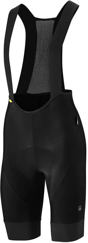 Cuissard de cyclisme noir pour femme avec bretelles, peau de chamois et un petit détail jaune.