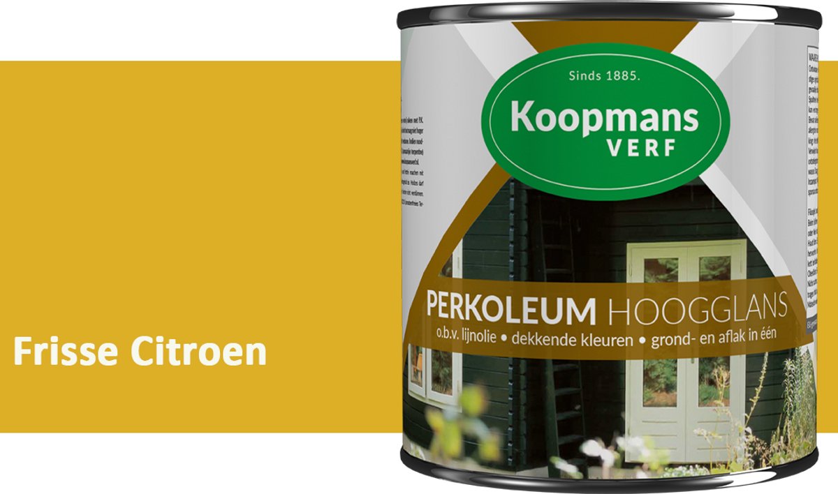 Koopmans Perkoleum Hoogglans Dekkend – Frisse Citroen – 750 ml – Dekkende Beits Buiten – Schutting, Gevel & Tuinhout