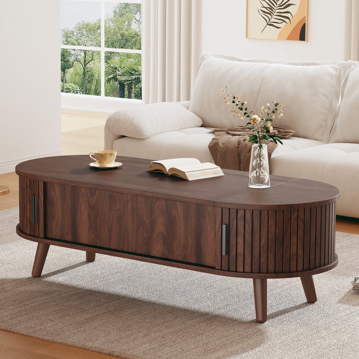 Wishdor - Salontafel - Verstelbaar Blad En Verborgen Opbergruimte - Minimalistisch - Voor Woonkamer - MDF - Walnoot - 120 X 50 X 39,5 Cm